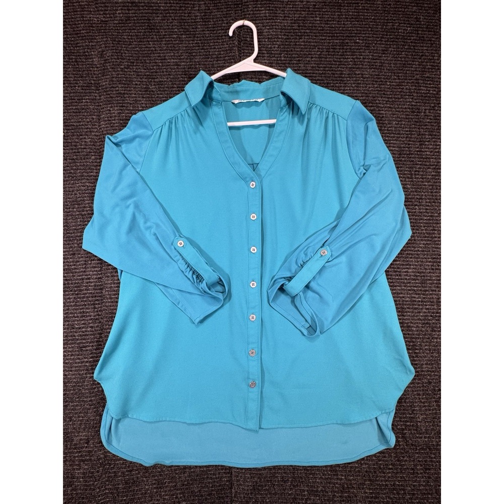 NYGARD Women's Turquoise Teal Button Front Blouse Roll Tab Sleeve Shirt